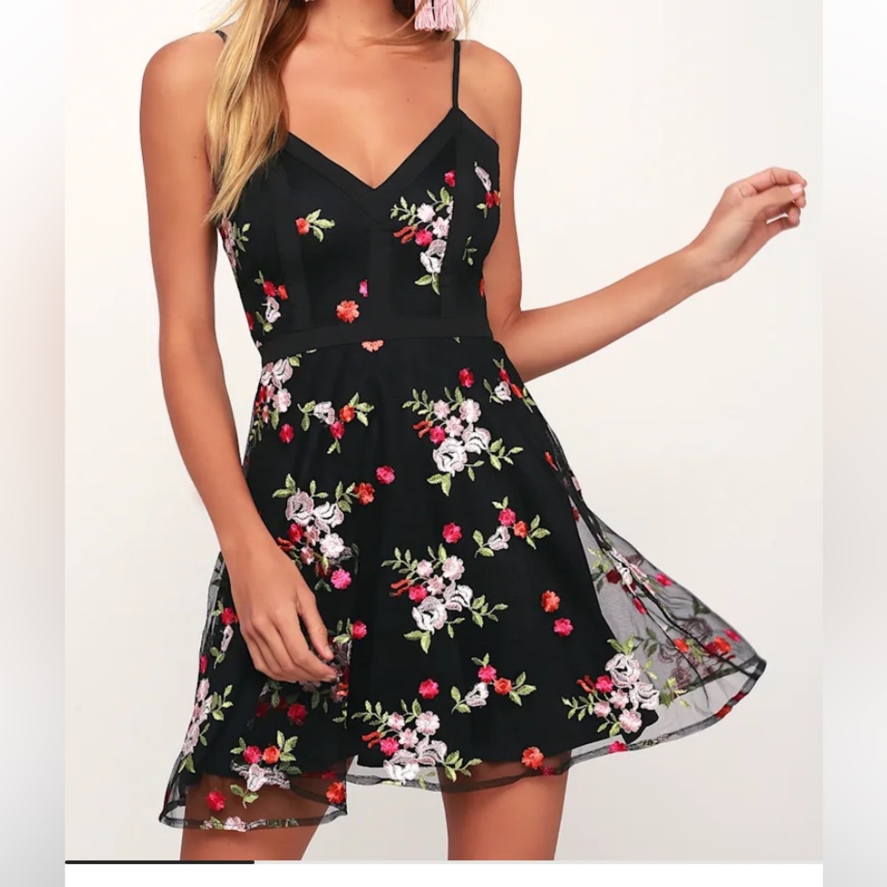 Lulu's Favorite Fleur Black Floral Mesh Embroidered Skater Dress